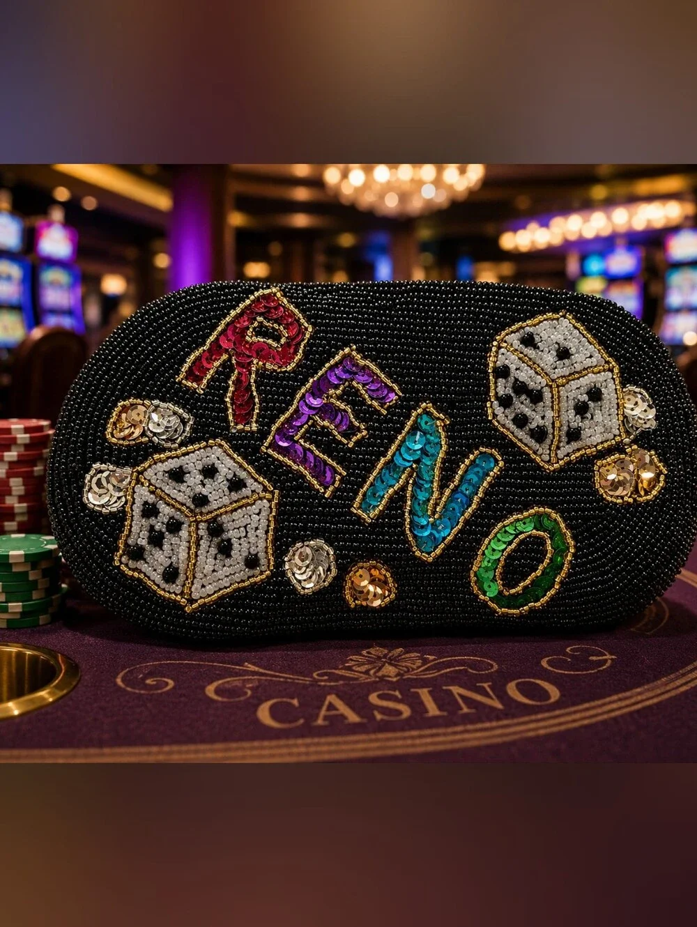 Vintage Black Beaded Reno Casino Snap Pouch